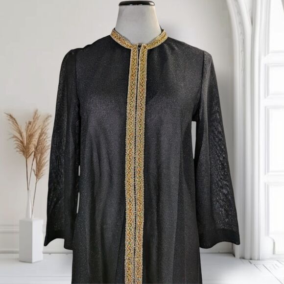 Vintage 70s Black Sheer Sparkle Caftan Size L Gold Braid Trim Zip Maxi Roper - Picture 6 of 16